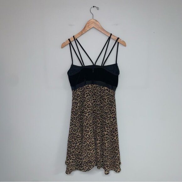 Anne Klein Dress Size 4 US Velour Leopard Print Y2K Vintage Strappy Black Tan - Picture 5 of 10